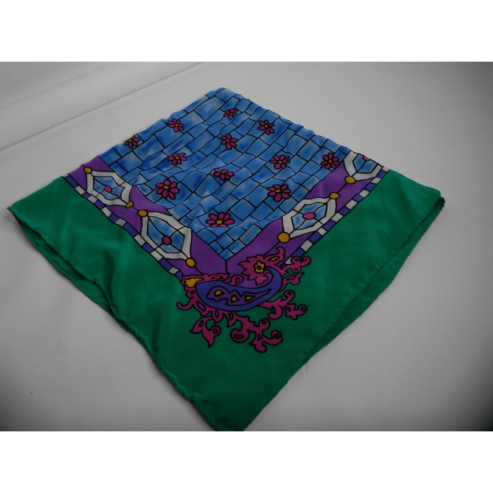 Vtg Doncaster 100% Silk Scarf  Square 64"‎ X 64" Colorful Print Blue Green 80s